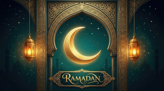 Ramadan crescent moon with ornate islamic arch and glowing lanterns illustration