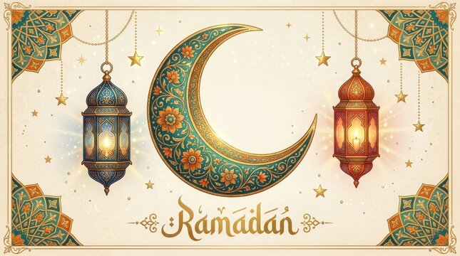 Watercolor ramadan kareem illustration with crescent moon and ornate hanging lanterns