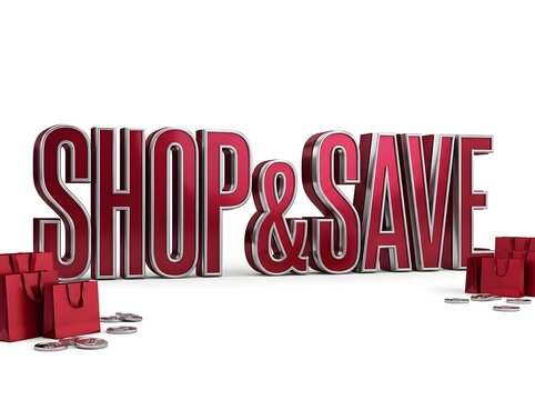 3d shop and save text sign with red shopping boxes and coins