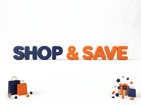 Shop and save text with colorful shopping bags and gift boxes
