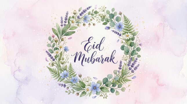 Watercolor floral wreath with eid mubarak calligraphy for festive celebrations