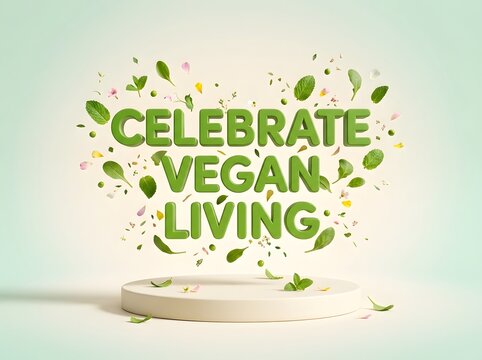 Celebrate vegan living typography with green leaves and podium