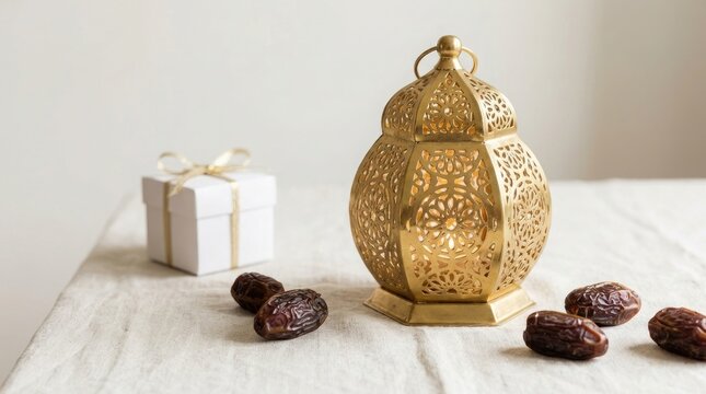 Ramadan still life with golden lantern dates and gifts on a white surface