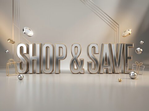 Shiny metallic shop and save text with floating spheres