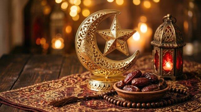 Golden ramadan lanterns and traditional decorations illuminate a festive middle eastern scene