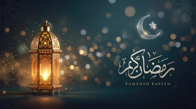 Radiant ramadan lantern with crescent moon and bokeh lights for festive celebrations