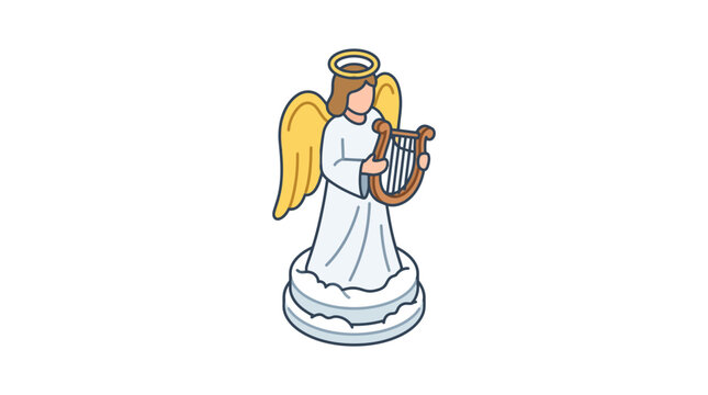Angel figure playing a harp with golden wings and a halo standing on a cloud in an isometric vector art.