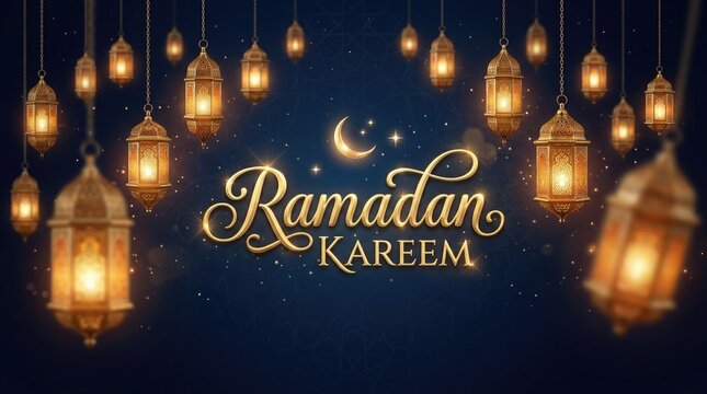 Elegant ramadan background with glowing lanterns and crescent moon calligraphy