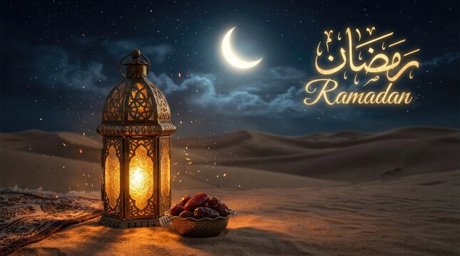 Illuminated lantern with crescent moon and ramadan calligraphy against a night sky