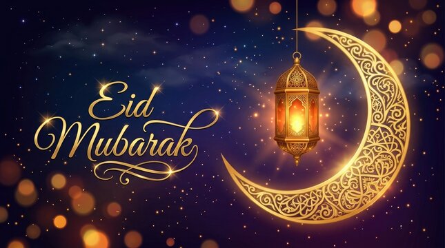 Elegant eid mubarak greeting with golden crescent moon and ornate hanging lantern