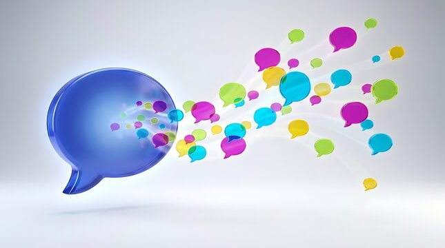 A large blue speech bubble emitting many small colorful chat icons representing communication and social media interaction concepts online
