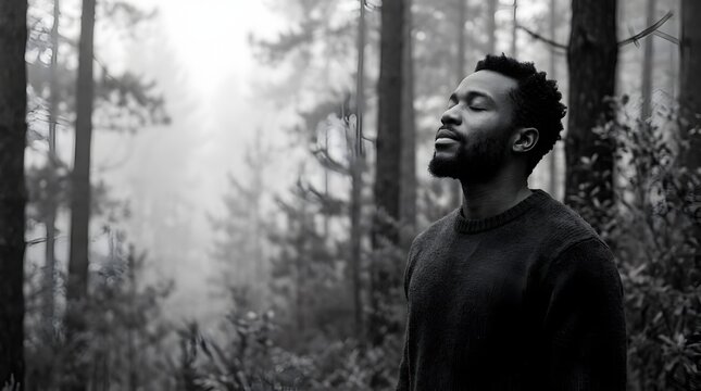 Calm man standing in a misty forest breathing deeply with eyes closed