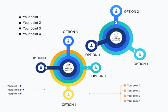 Circular network mind map infographic diagram with target project hubs and connecting option nodes in modern flat vector style for business presentation slides