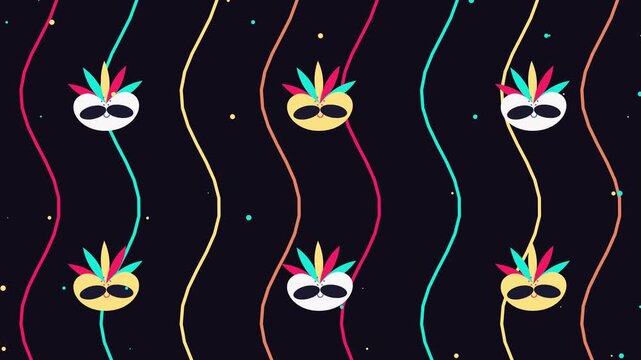 Seamless animated carnival pattern with festive masks and colorful wavy lines on black background.