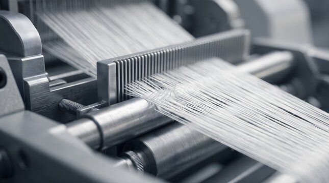 Automated textile weaving machine processing white threads through precision metal components in a modern garment factory for industrial manufacturing and textile engineering concept