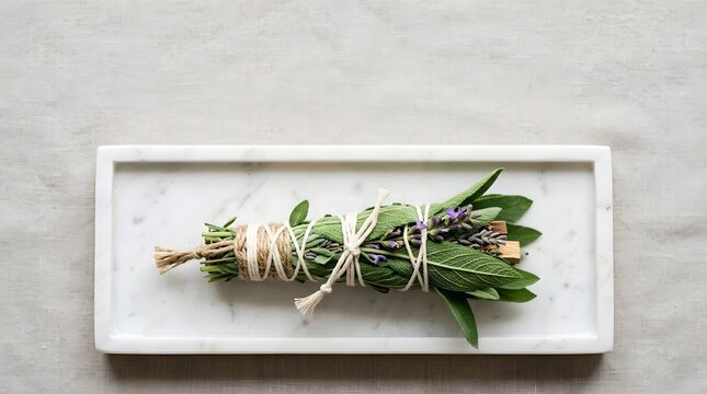 Herb bundle with lavender and wood sticks on a white marble tray