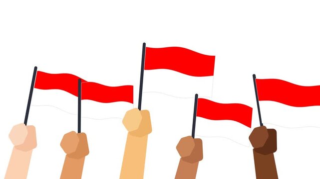 Indonesia flags waving in the wind held by hands Indonesian national celebration animation on white background