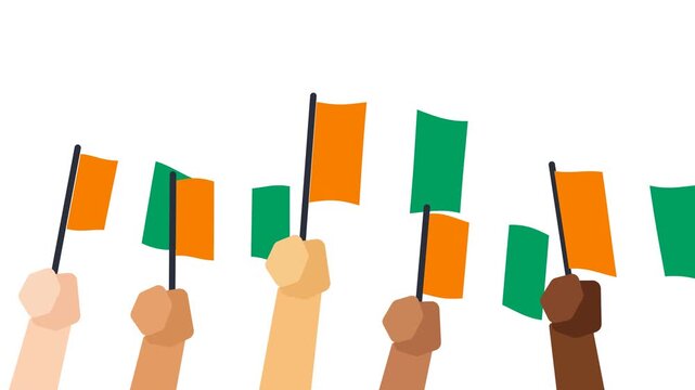 Ireland flags waving in wind held by hands Irish national celebration animation on white background