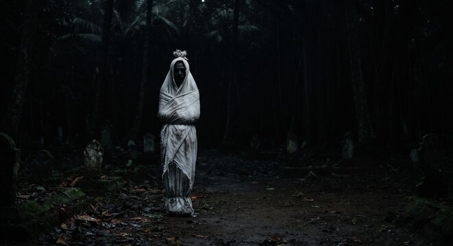 Indonesian wrapped corpse ghost Pocong standing in a dark haunted cemetery at night