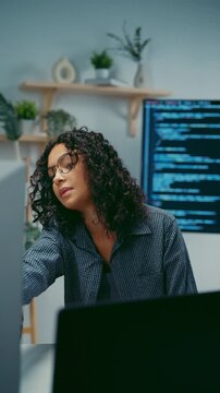 Vertical Screen : Diverse team software developer discuss AI coding and project at office. Creative startup group brainstorming, Mentor code review training, Digital communication innovation strategy.