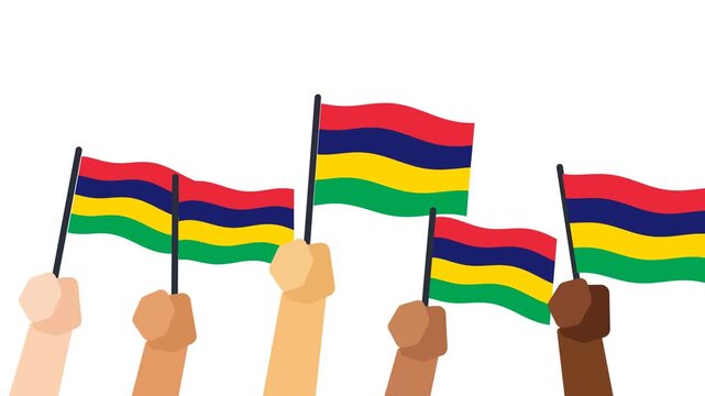 Mauritius flags waving in wind held by diverse hands national celebration animation on white background