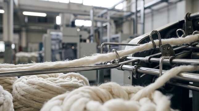 Raw white wool roving moving through automated metal guides in a modern textile manufacturing facility for industrial production and garment supply chain concept.