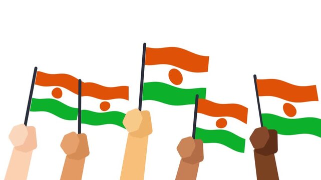 Niger flags waving in the wind held by hands Nigerien national celebration animation on white background