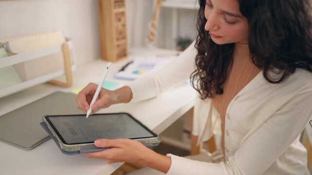 Young Hispanic woman making daily schedule while sitting at table at home.