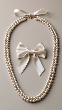 Pearl necklace arranged with satin bow on neutral background