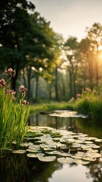 Sunlit garden pond with water lilies and soft morning glow for peaceful background and nature banner design