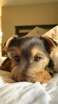 Small brown puppy lying with chin on bed in warm indoor light