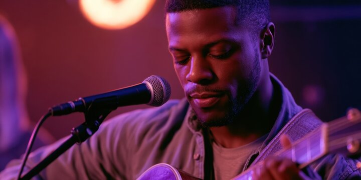 Male singer playing guitar while singing into microphone on stage. Jazz Appreciation Month