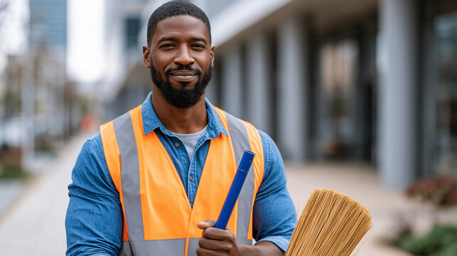 Man in safety vest holding broom and brush on city sidewalk