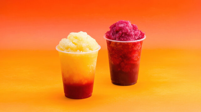 Two shaved ice cups without straws on orange background