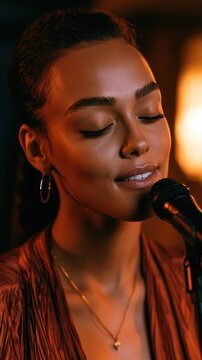 Young woman singing softly into microphone with warm lighting. Jazz Appreciation Month