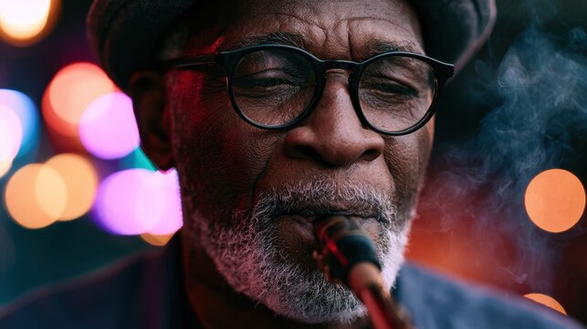 Elderly man playing saxophone with smoke in colorful club. Jazz Appreciation Month