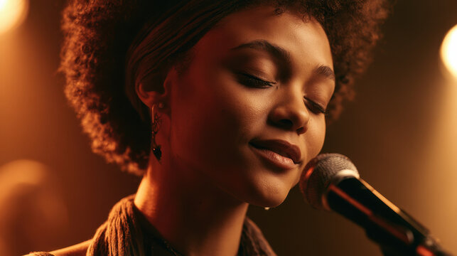 Black female singer with eyes closed under stage spotlight. Jazz Appreciation Month