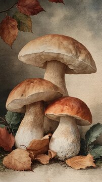Cluster of wild mushrooms among dried leaves on ground National Mushroom Hunting Day. National Mushroom Day