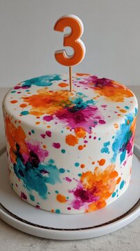 Decorated birthday cake with number three on neutral table background National Cake Decorating Day