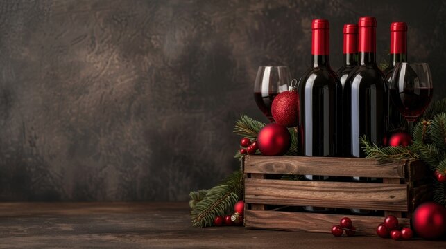 Multiple wine bottles arranged in wooden crate on table