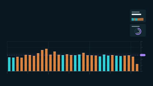 Animated volume bars chart rising columns drawn as a clean dark mode trading dashboard in deep blue. Smooth 4K seamless loop with blank data panels and room for text. Widescreen 16:9 footage for finan