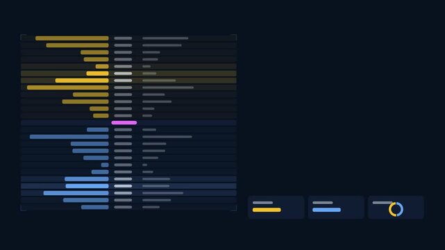Animated order book levels updating rows drawn as a clean dark mode trading dashboard in deep blue. Smooth 4K seamless loop with blank data panels and room for text. Widescreen 16:9 footage for financ