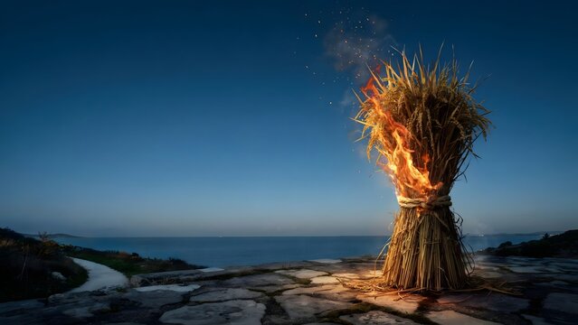 Burning wheat sheaf glowing with bright flames on a stone cliff at