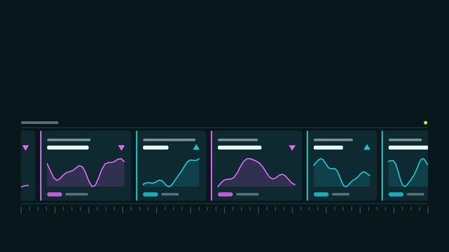 Seamless 4K looping finance animation: ticker tape scrolling blank tiles. Flat vector trading terminal with grid, axis ticks and blank readout cards in teal and cyan on a deep dark background, leaving