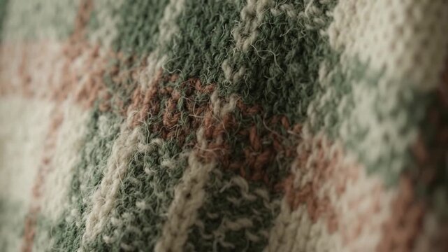 Close up of cozy knitted wool fabric in green, beige and rust tones