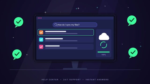 Digital communication workflow with chat bubbles and checkmarks on screen in dark background