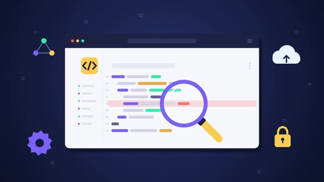 Code snippet development process with magnifying glass and cloud integration
