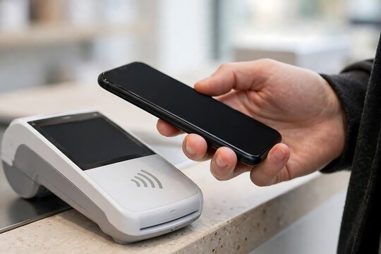 Person making a contactless mobile payment with a smartphone at a point of sale terminal
