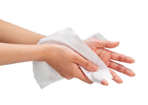 Woman drying or wiping hands with paper towel wet wipe isolated on transparent background