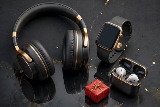 Premium black and gold wireless headphones, smartwatch, and earbuds with a small gift box on a dark marble surface